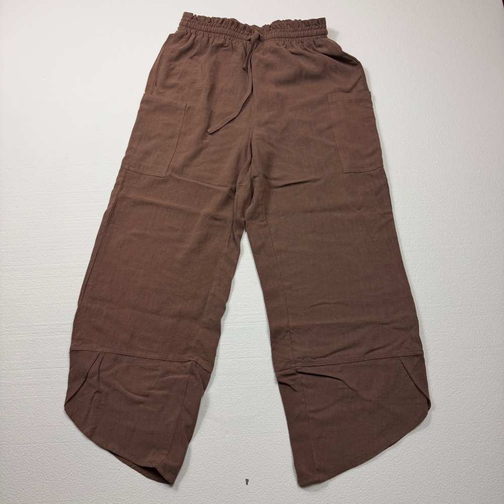 LION Linen Blend Wide Leg Tulip Hem Pants Brown Paperbag Waist MC04890 Small
